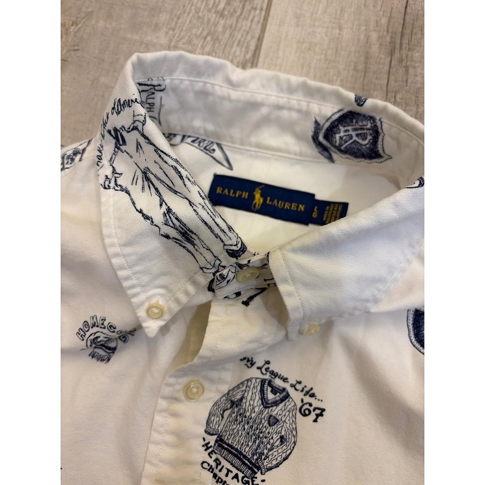 Ralph Lauren Mens Ivy League Heritage Print Oxford Shirt White Blue Large